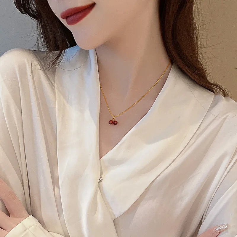 Stainless Steel Wine Red Cherry Gold Colour Pendant Necklace For Women Personality Fashion Necklace Wedding Jewelry Birthday Gif