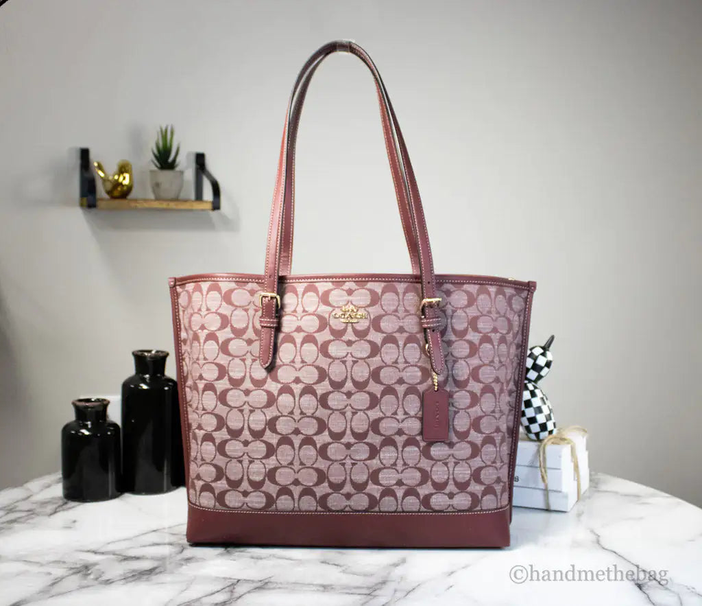 Coach Mollie Wine Signature Denim Chambray Canvas Leather Tote