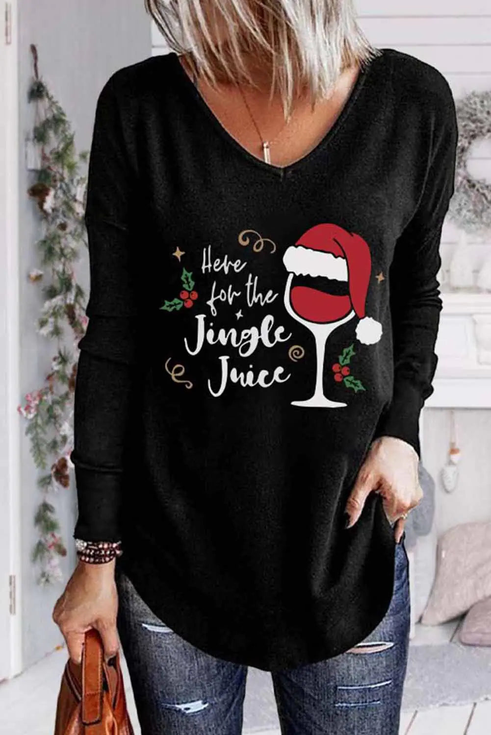 Christmas Wine Glass Print T-Shirt