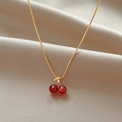 Stainless Steel Wine Red Cherry Gold Colour Pendant Necklace For Women Personality Fashion Necklace Wedding Jewelry Birthday Gif