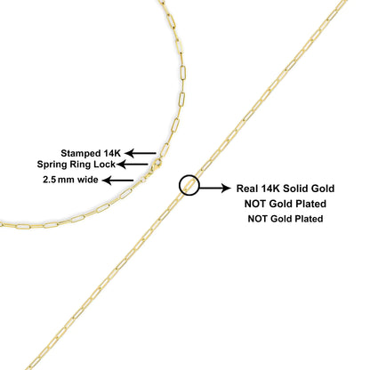 Unisex Solid 14K Gold 2.5mm Paperclip Chain Necklace