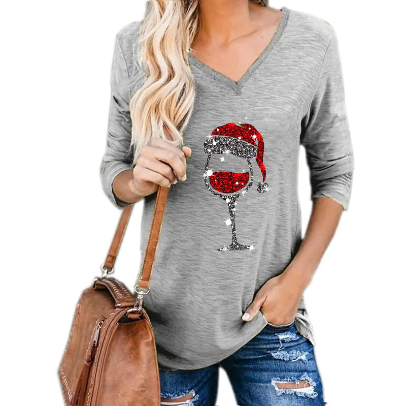 Christmas Wine Glass Print Blouse